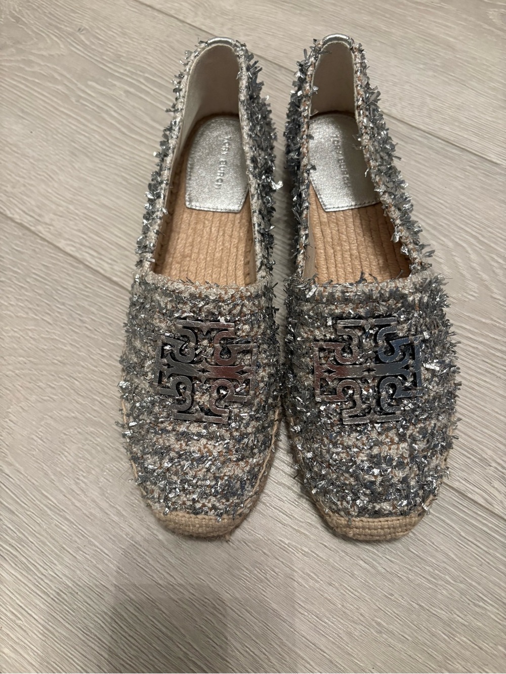 Tory Burch Metallic Silver Tweed Espadrille Flats with Logo Plaque